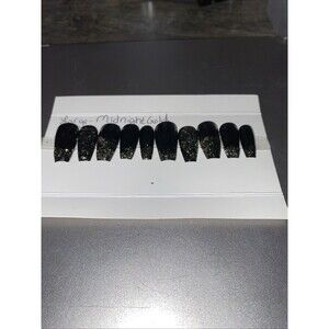 Custom Gel Press on Nails fake nails Handmade 10 pc set black gold ombre sparkle